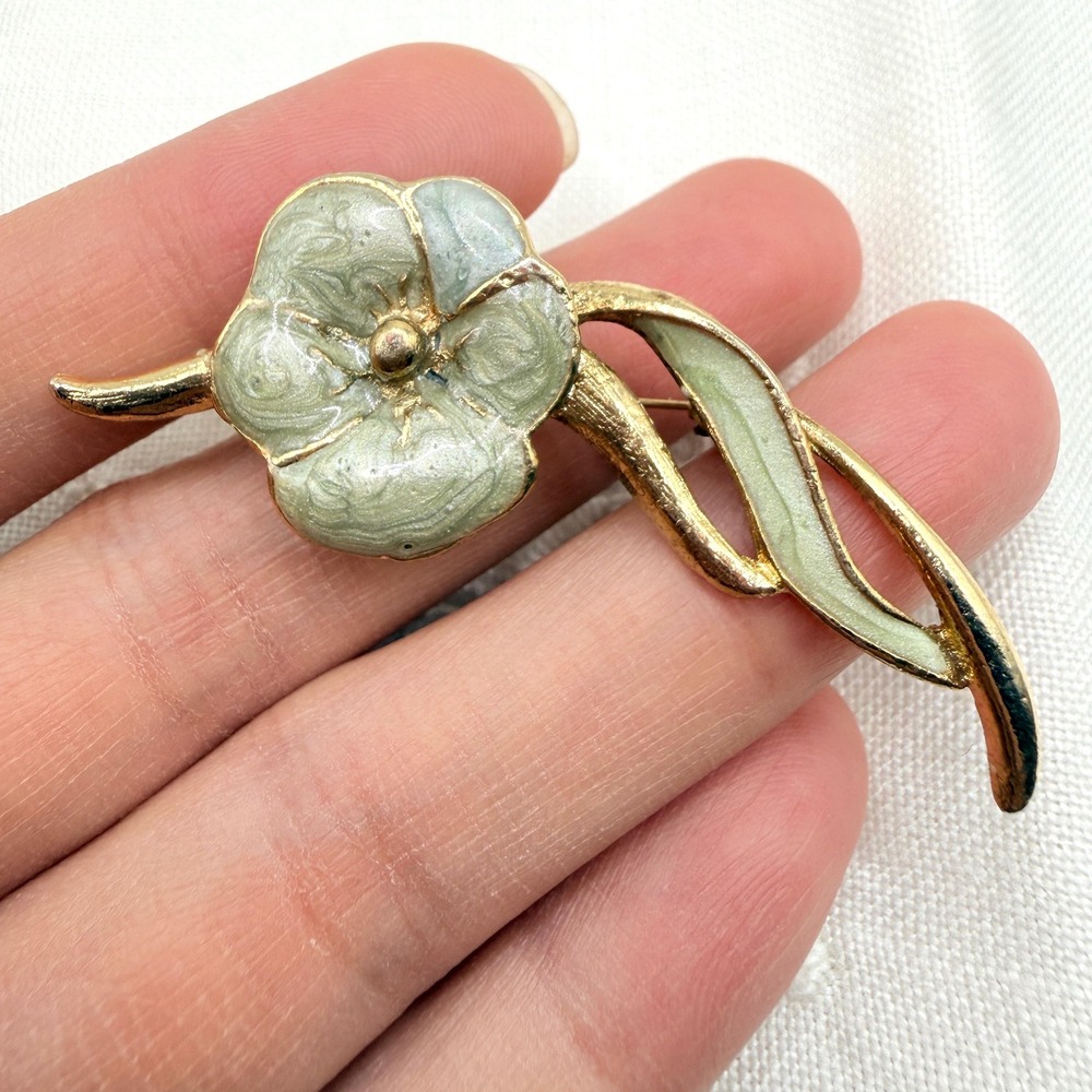 Vintage Gold Tone Sage Green Enamel Floral Stem Brooch Pin
